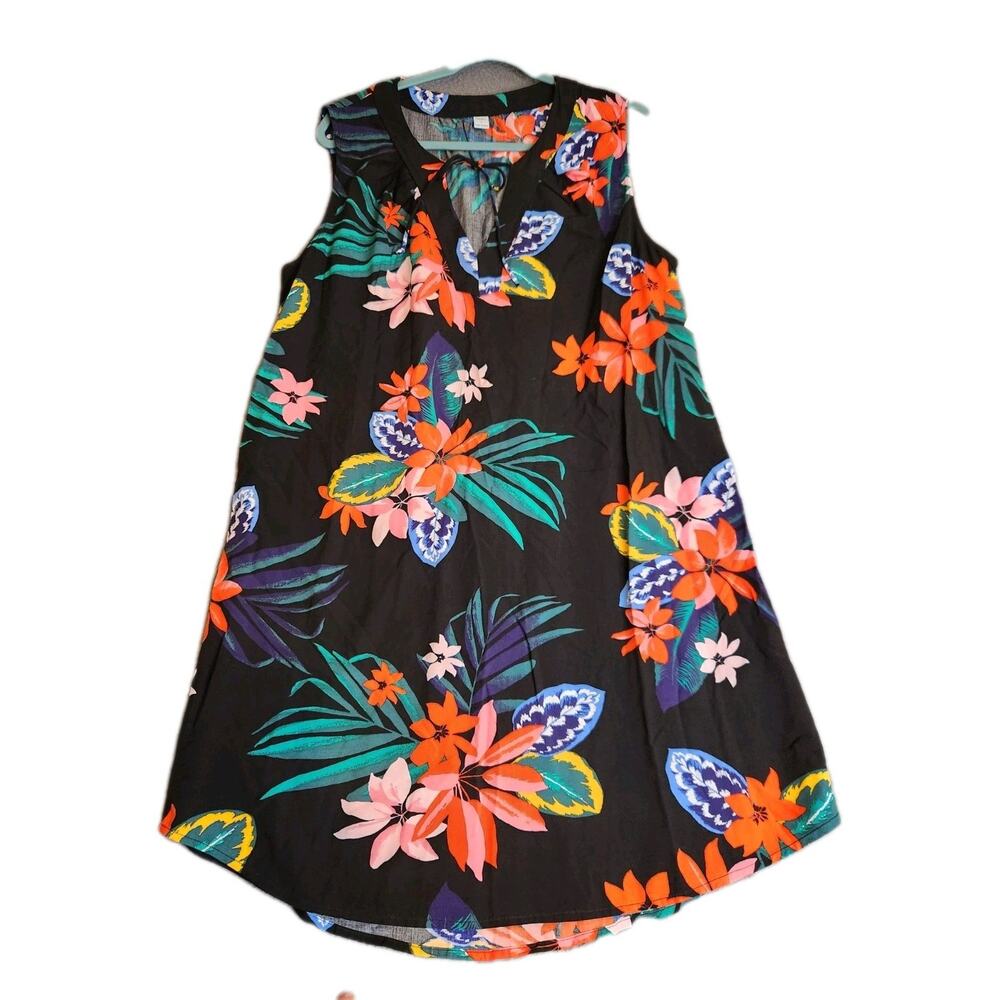Womens Old Navy Tropical Hawaiian Floral Black Sleeveless Medium Dress Sz L NWT